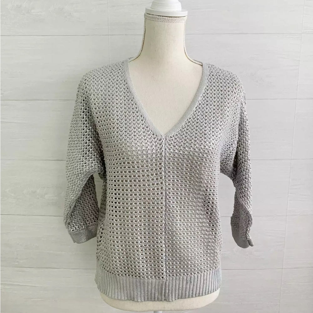 Chico's Gray V-Neck Sweater with Textured Knit